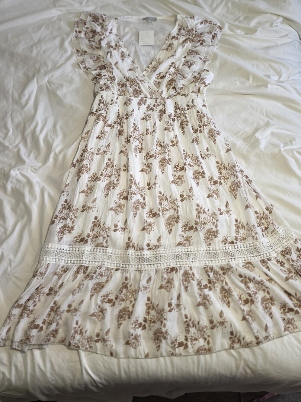 Ivory Floral Maxi Dress with Brown Print and Lace Trim